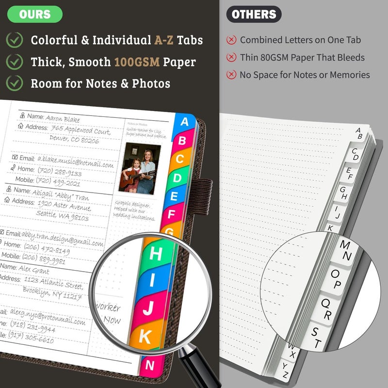 hi!SCI Address Book with Colorful Alphabetical Tabs (4.7" X 6.2") – Telephone Address Contact Book for Seniors, Address Book with Space for Website Address and Internet Passwords (Royal Brown) - Image 4